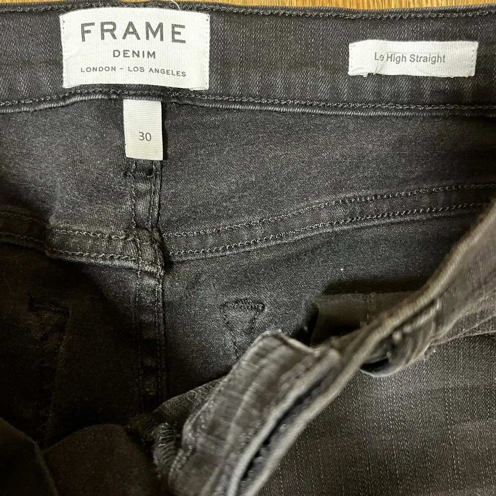 Frame Le High Straight Jeans 30 Black Distressed Ripped Knee Raw Hem Grunge Chic
